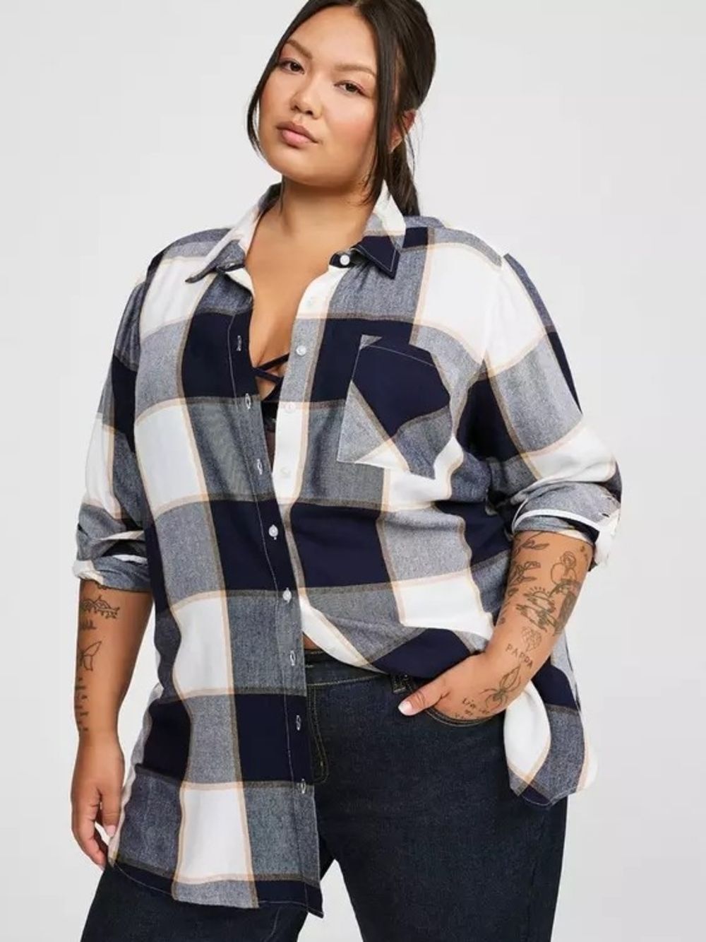 Torrid Womens Black Grey Plaid Fall Lizzie Long Sleeve Tunic Shirt NWT Size 5/5X - Picture 1 of 15
